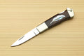Lockback folding pocket knife with stainless blade and brown ironwood leaf inlay handle
