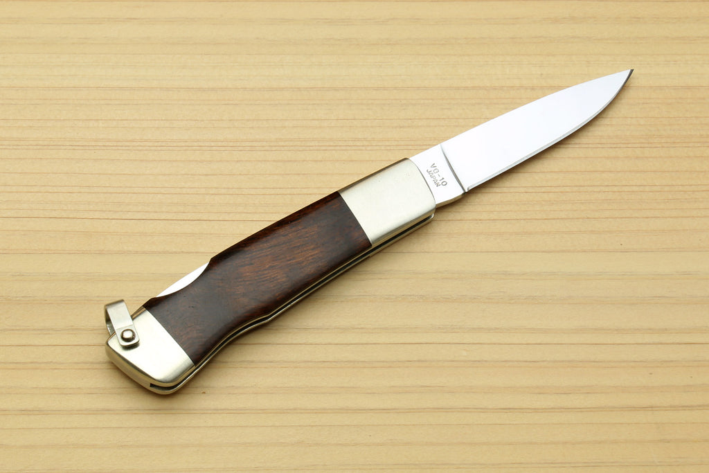 Lockback folding pocket knife with stainless steel blade and brown ironwood leaf handle