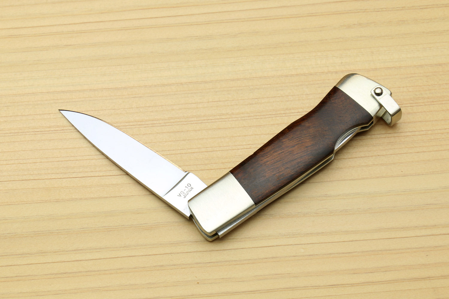Open lockback folding pocket knife with leaf inlay brown ironwood handle