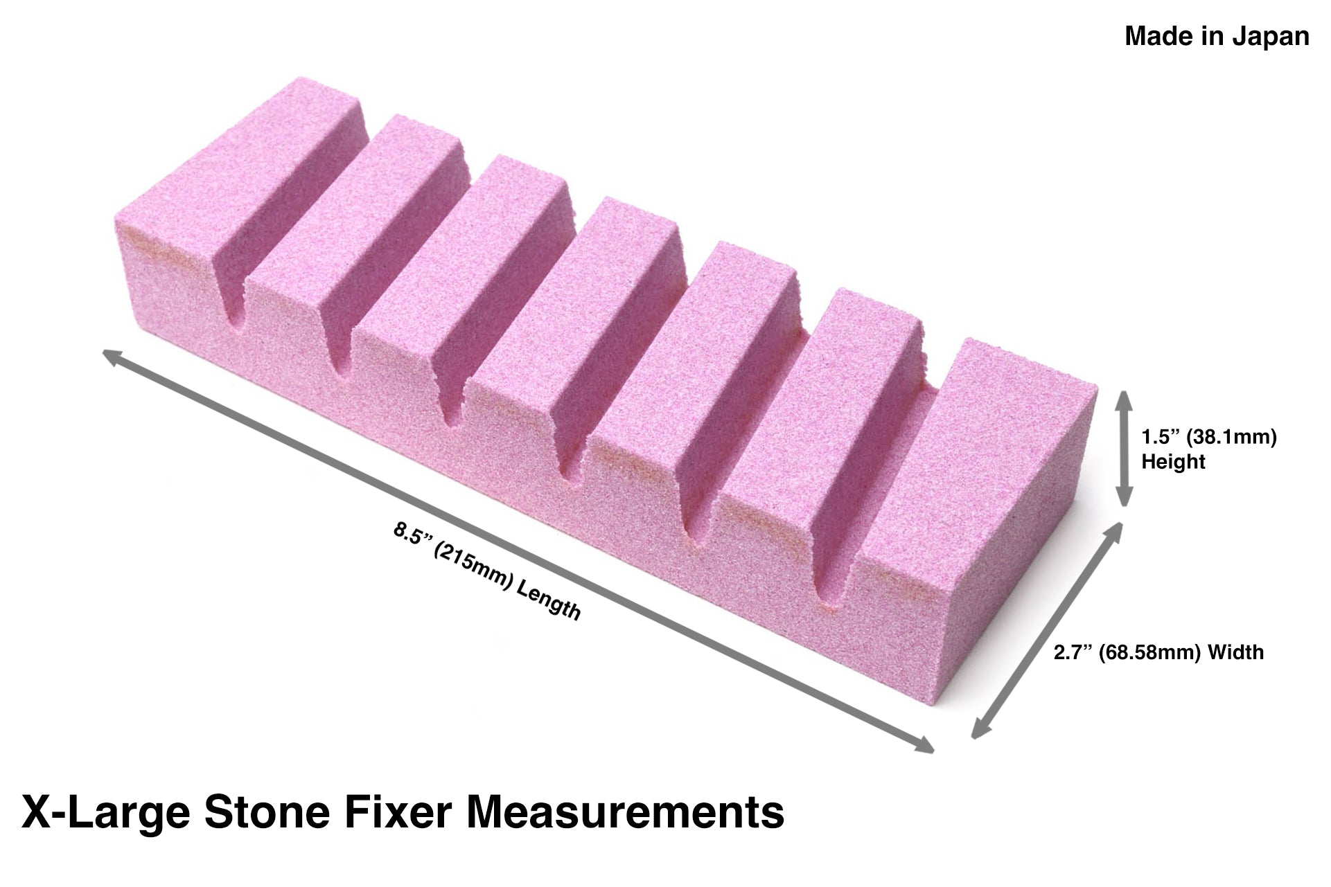 X-Large stone fixer showing rectangular purple block dimensions, Made in Japan.