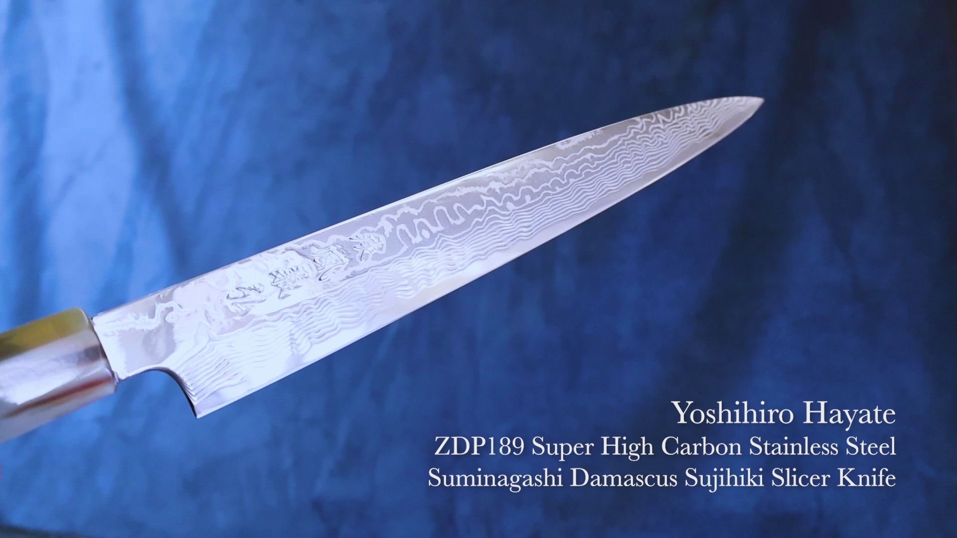 Yoshihiro Hayate ZDP 189 Super High Carbon Stainless Steel Damascus Sujihiki Slicer Knife Triple Ring Ebony Handle