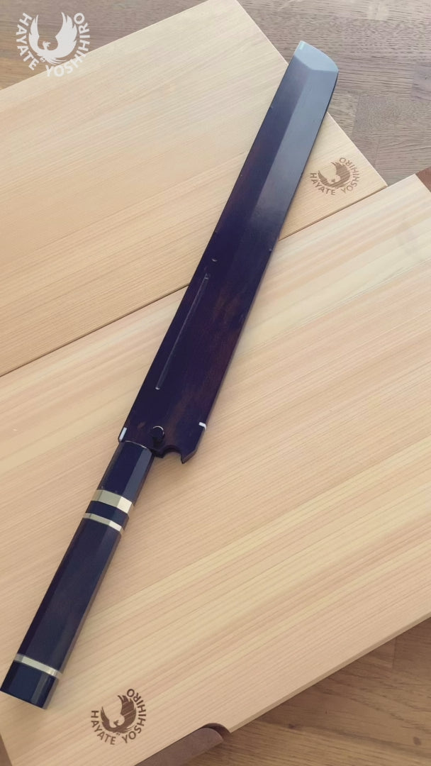 Yoshihiro Honyaki White Steel Mirror Finished Namiukashi Sakimaru Takobiki Sushi Sashimi Japanese Knife with Triple Nickel Silver Ring Ebony Handle and Premium Ebony Saya