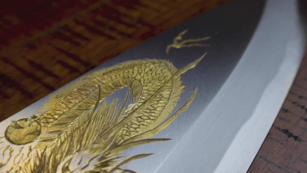 Yoshihiro Hongasumi White Steel Deba Fish Fillet Knife — Hand-Etched Gold 'MOUNT FUJI', Limited Edition, 300mm (Magnolia Handle)
