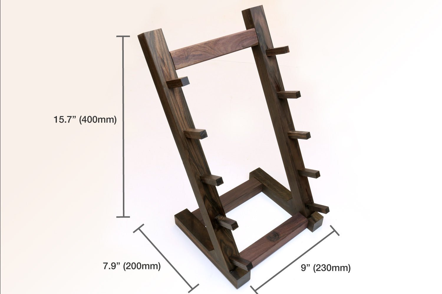 Ebony and rosewood knife rack stand with open frame and horizontal knife slots