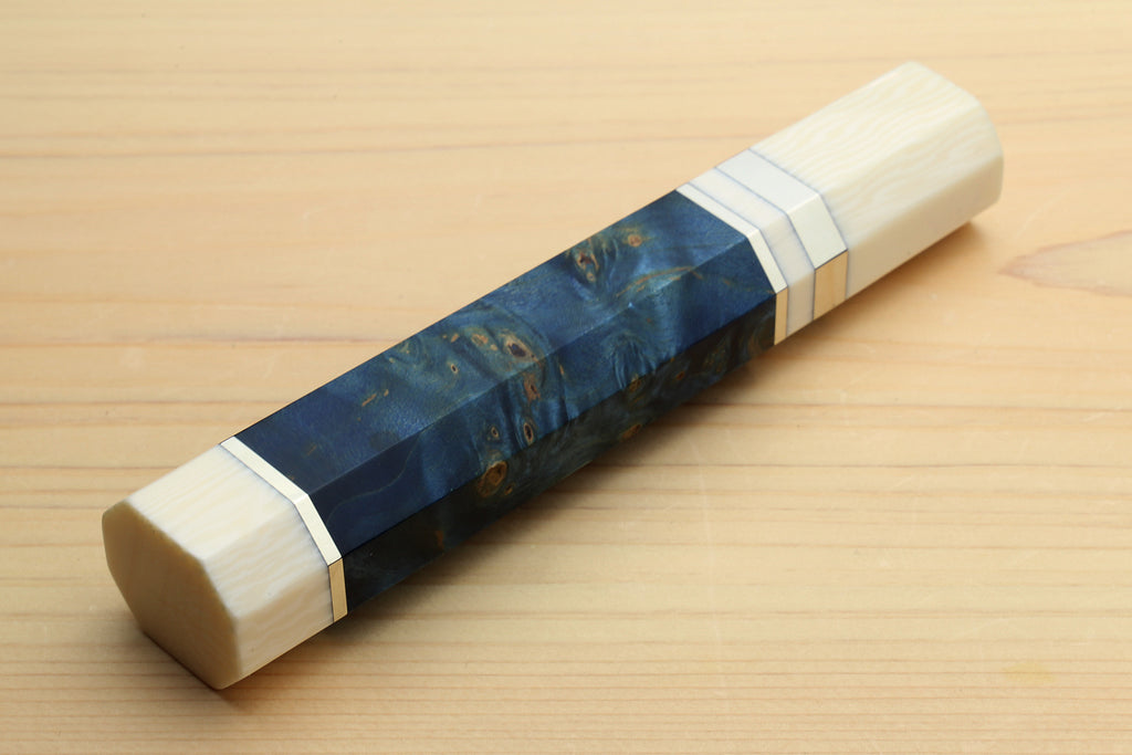Gyuto chef knife handle with ocean blue wrap and ivory bolster, side view