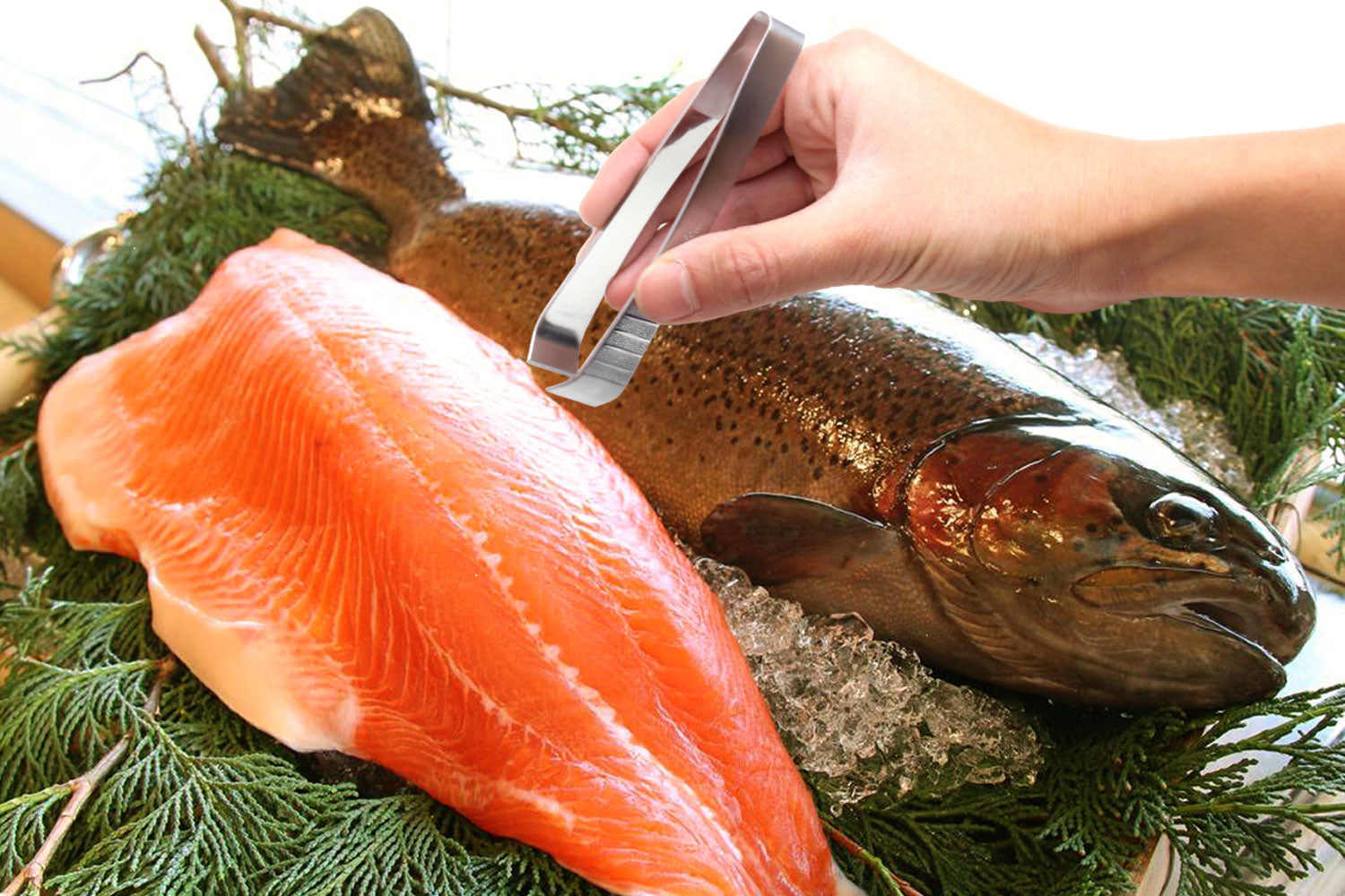 Stainless steel tweezer held by hand, gripping garnish on fish
