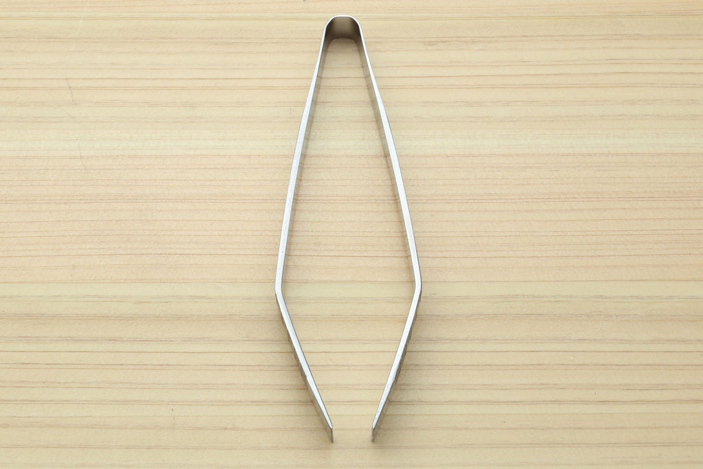 Non-slip fish bone tweezers, top view with pointed ends and smooth metal arms.