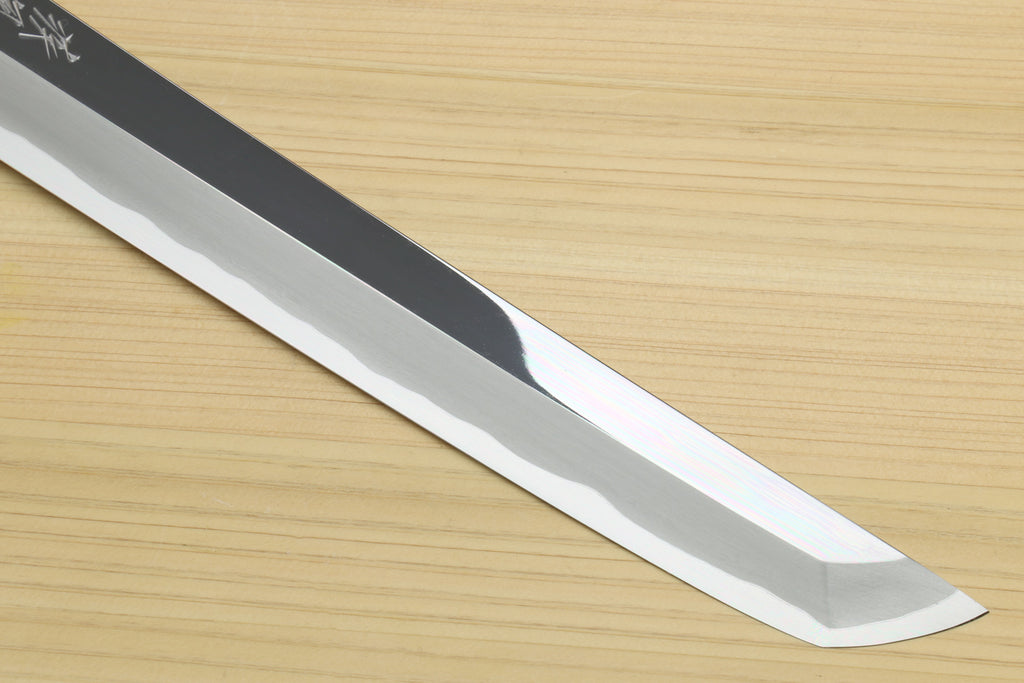 Sakimaru sushi knife blade close-up with glossy mirror polish and engraving near tip