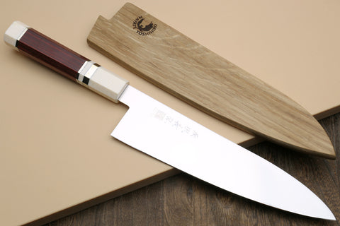 Japanese chef knife with rosewood handle and ivory bolster, polished stainless steel blade