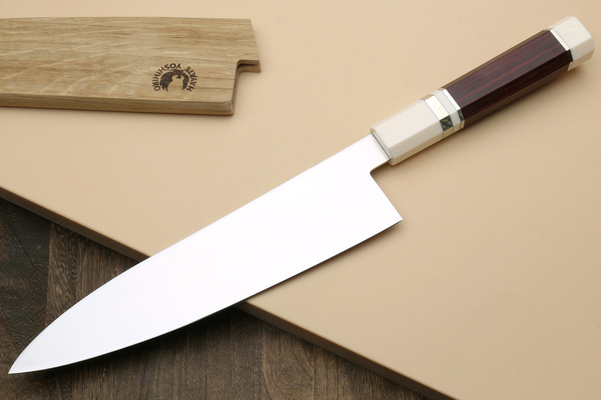 Japanese chef knife with rosewood handle and ivory bolster, polished stainless blade