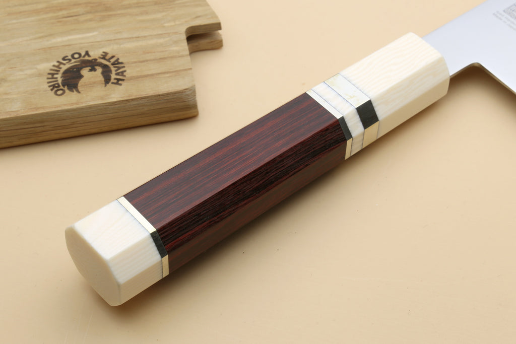 Chef knife handle end with rosewood and ivory accents, stainless blade