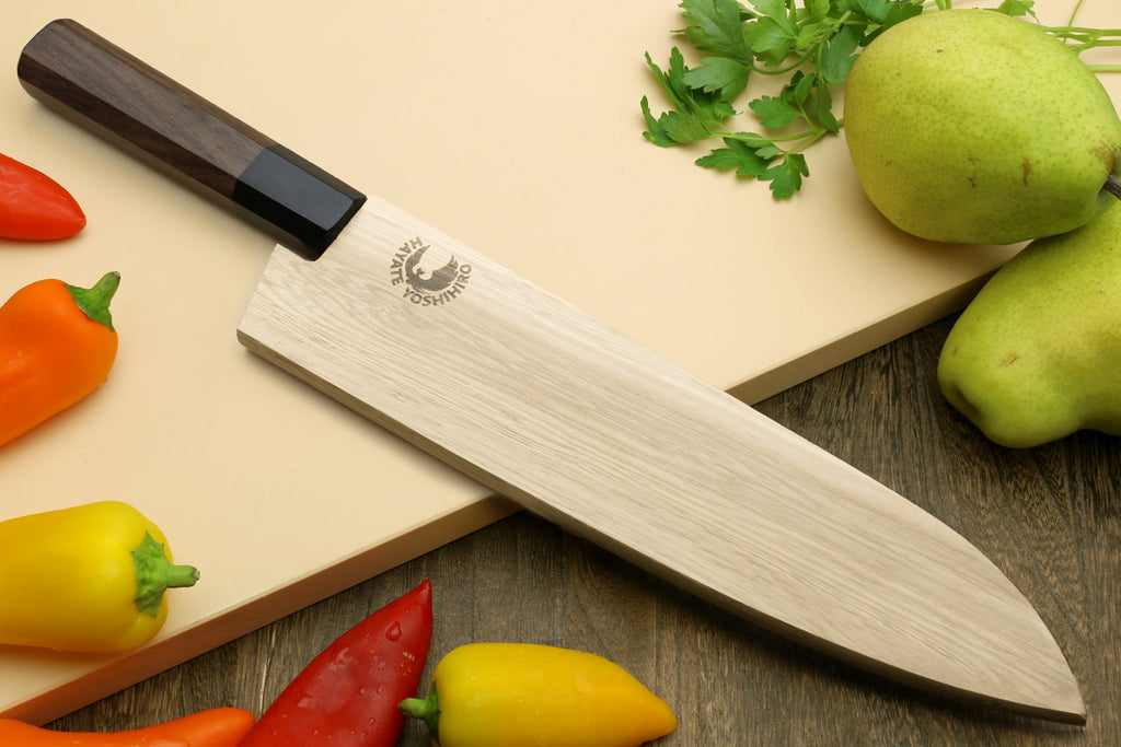 Japanese chef knife with stainless blade and Shitan rosewood handle, full view