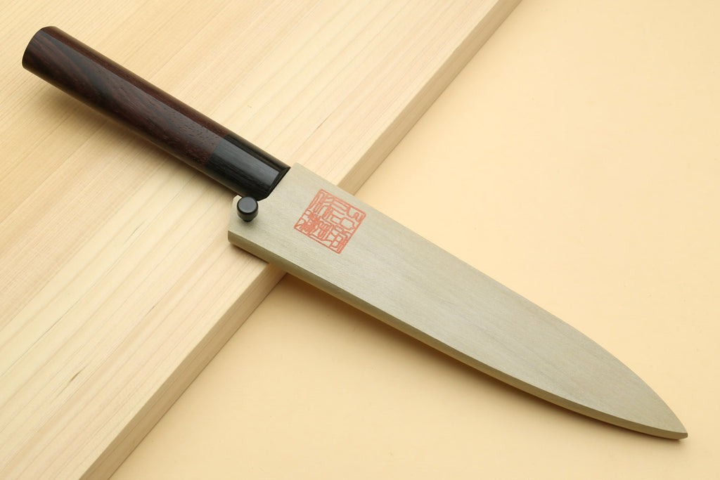 Petty knife with dark wood handle and blue steel blade, with black saya cover