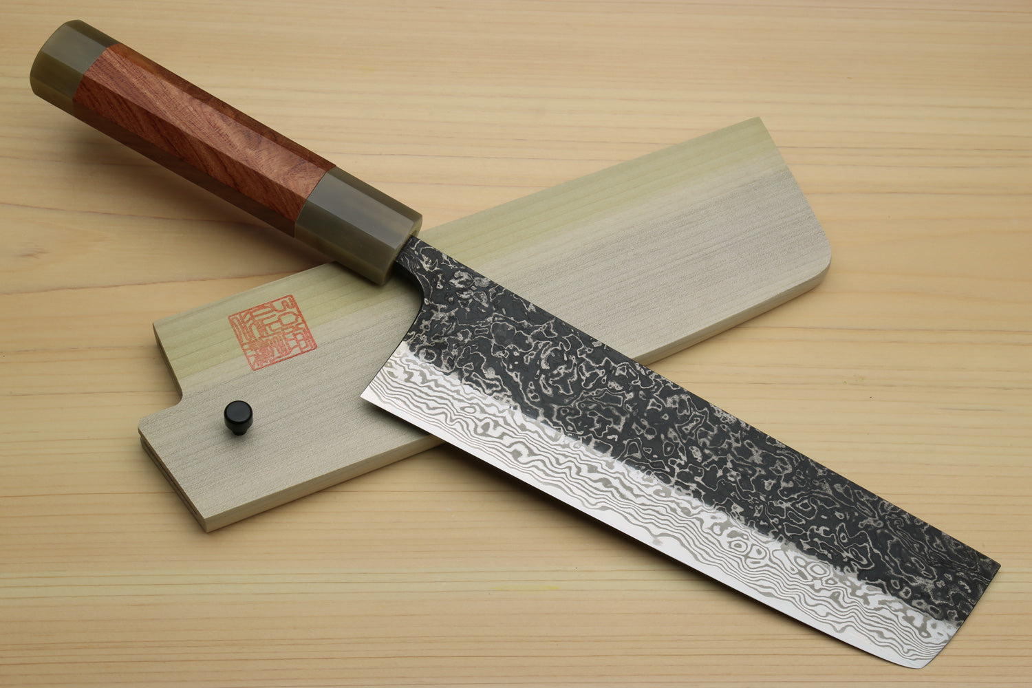 Damascus nakiri vegetable knife with ironwood handle, plus light sheath cover
