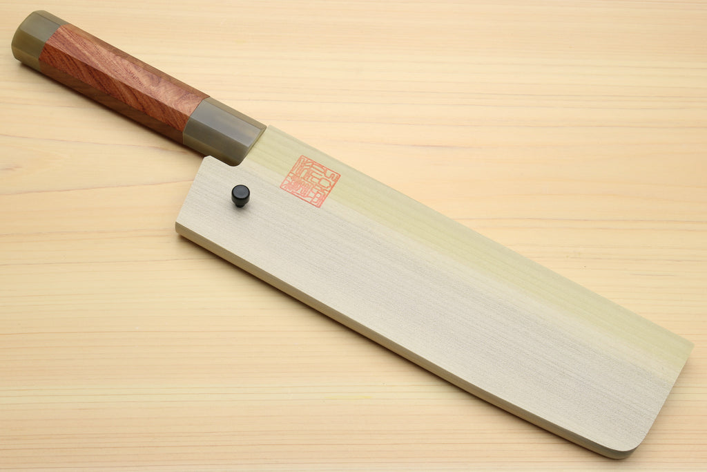Damascus nakiri knife with ironwood handle and fitted light sheath cover