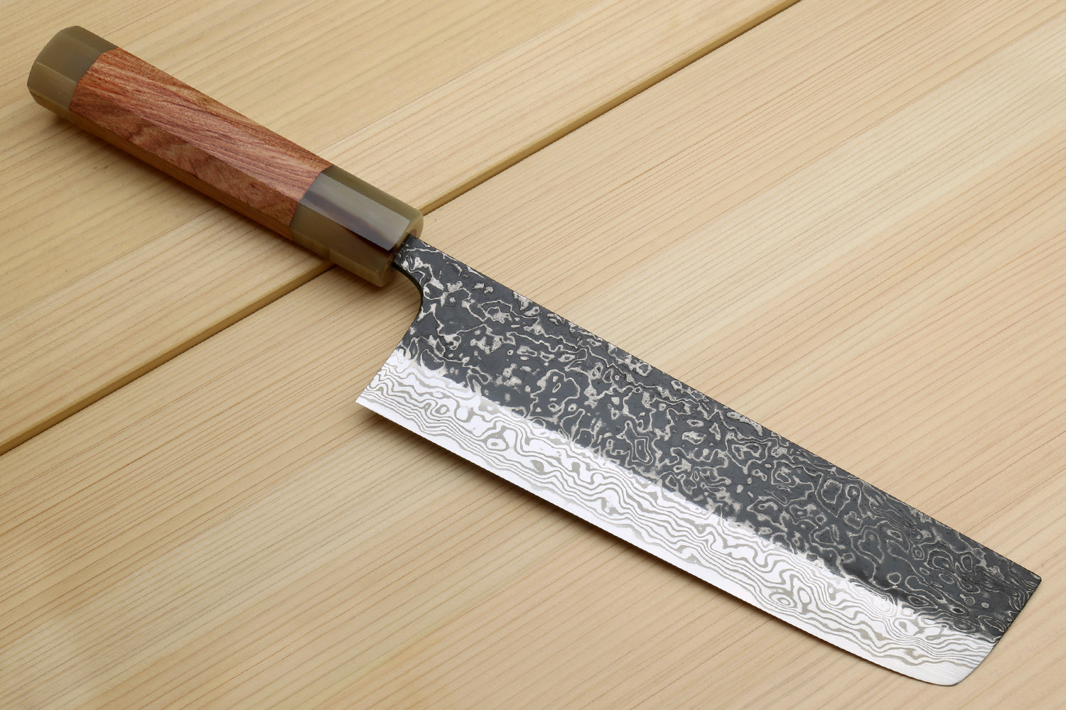 Damascus nakiri vegetable knife with ironwood handle, black forged steel blade
