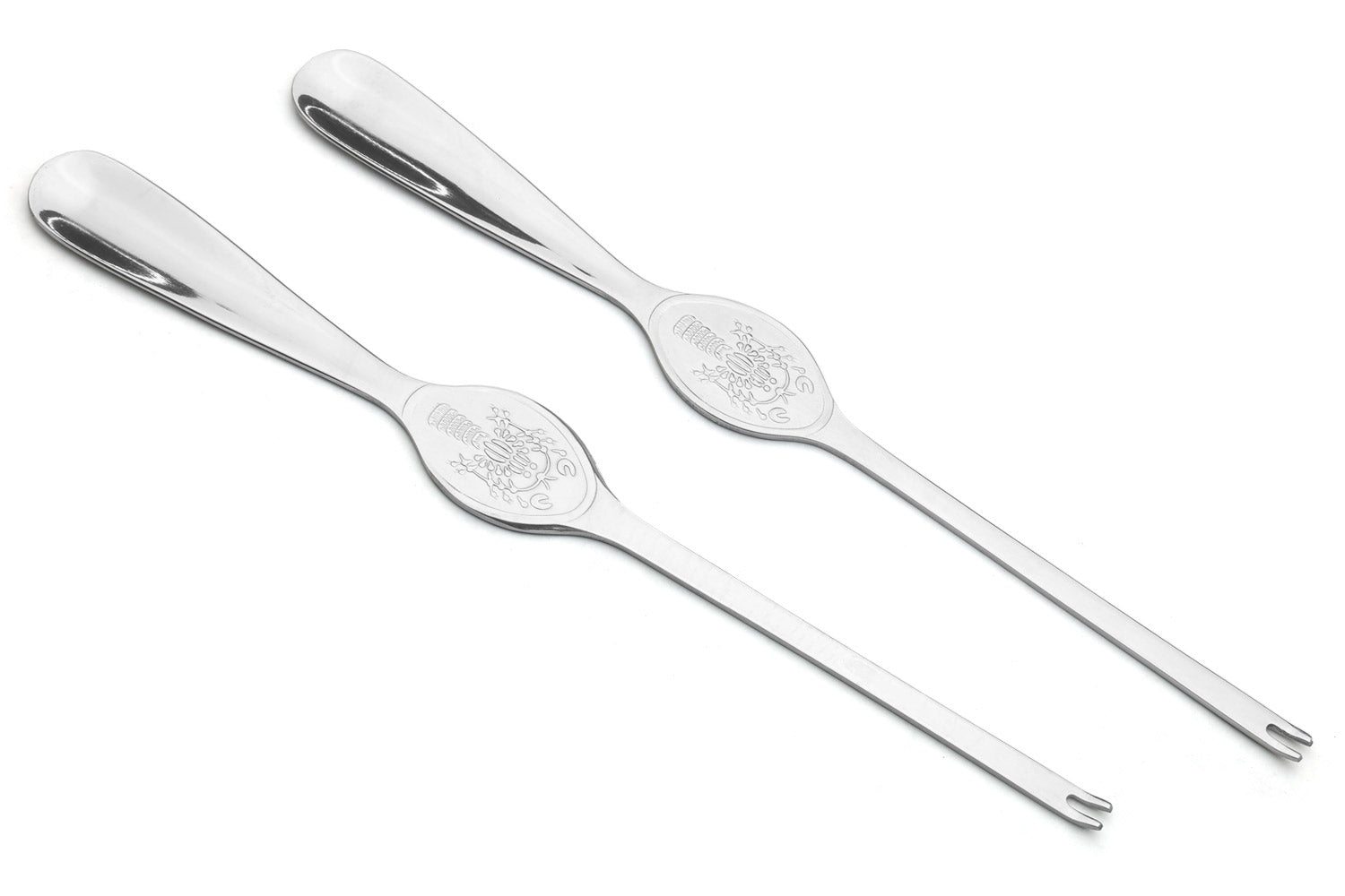 Two stainless crab & lobster spoons, 7.75 in, each with engraved seafood relief