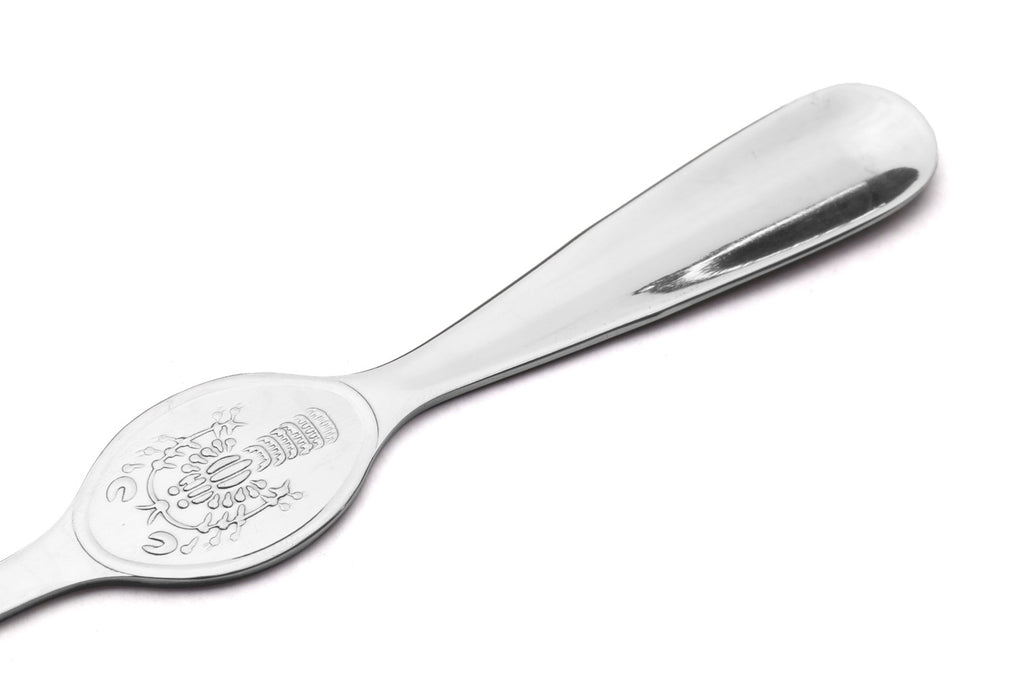 Stainless crab & lobster spoon, 7.75 in, oval bowl with raised seafood engraving