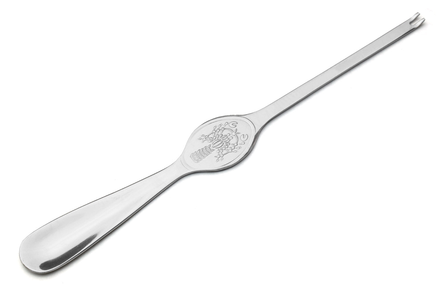 Stainless crab & lobster spoon, 7.75 in, oval bowl with engraved seafood design