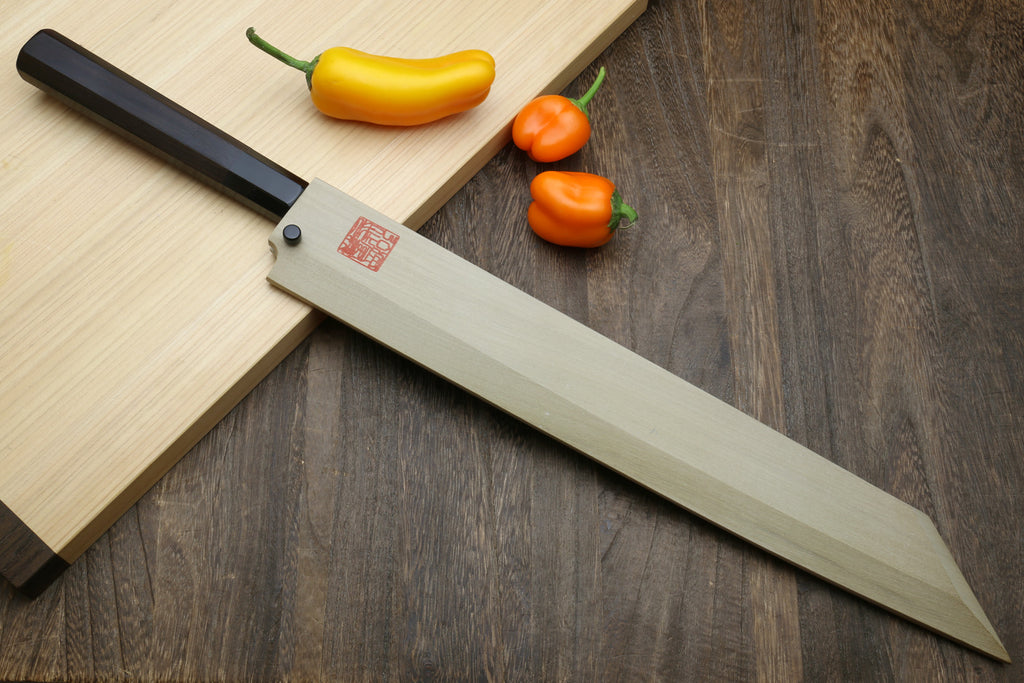 Yanagi kiritsuke sushi knife with mirror-polished stainless blade and dark handle