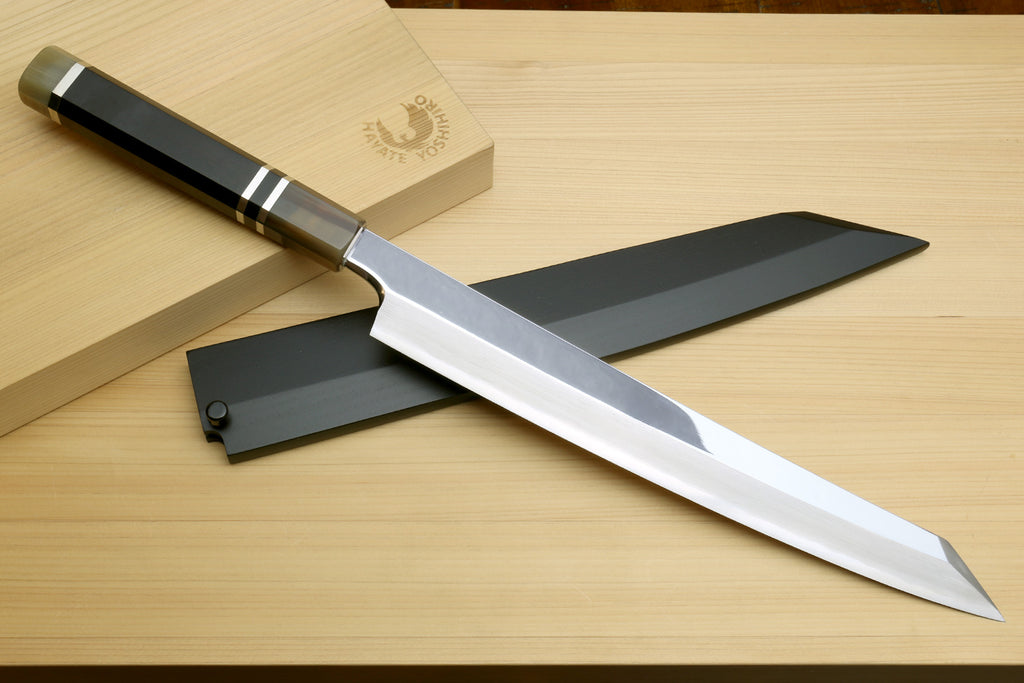 Sushi sashimi knife with mirror-finished stainless blade and ebony handle, gray sheath