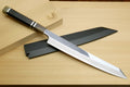 Sushi sashimi knife with mirror-finished stainless blade and ebony handle, gray sheath