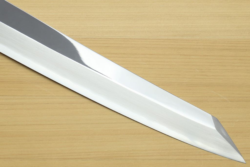 Mirror-finished stainless yanagiba blade with pointed tip and smooth bevel