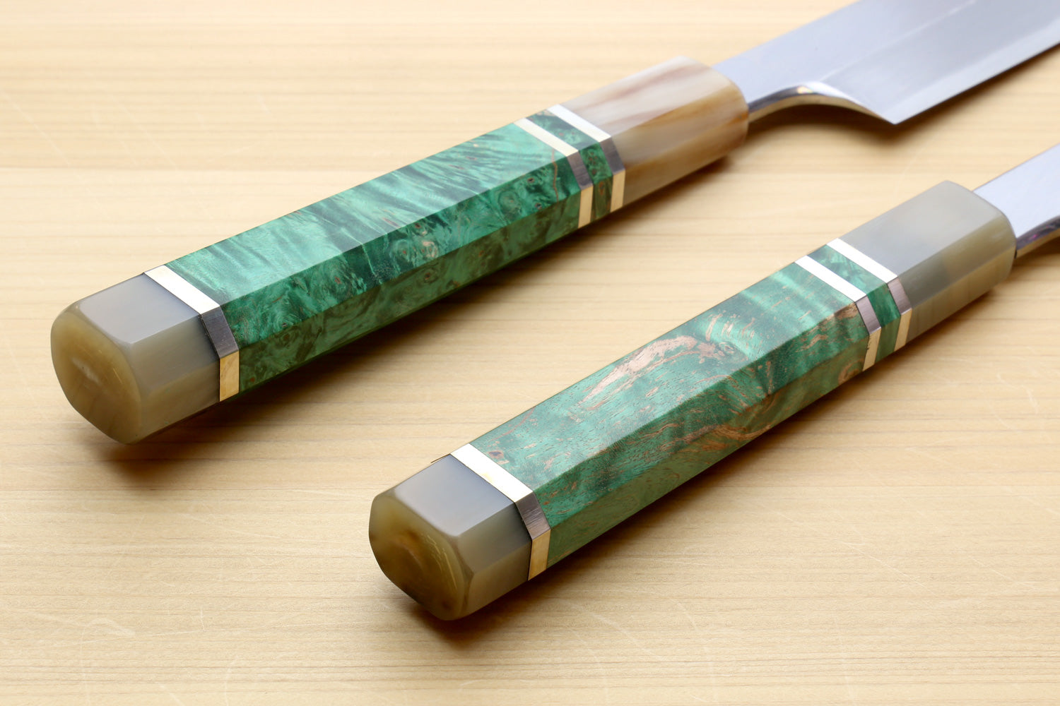 Pair of Japanese sashimi knives with green burl handles