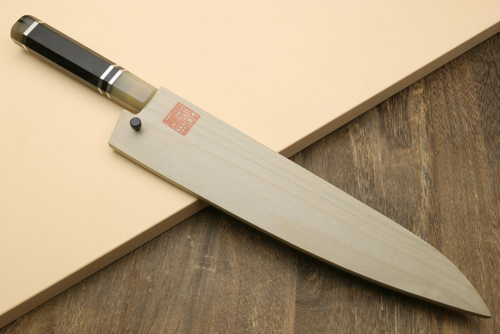 Damascus gyuto chef knife with octagonal ebony handle, triple-ring bolster, full length
