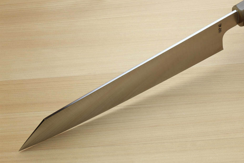 Kiritsuke chef knife with stainless blade and ebony handle, straight side view
