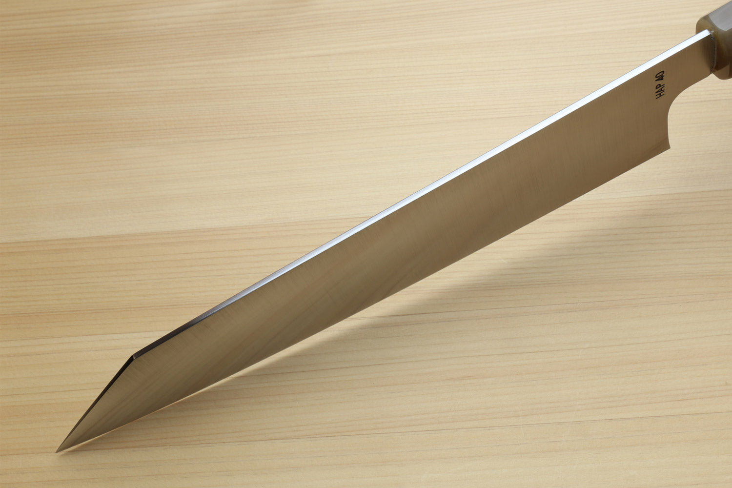 Kiritsuke chef knife with stainless blade and ebony handle, straight side view