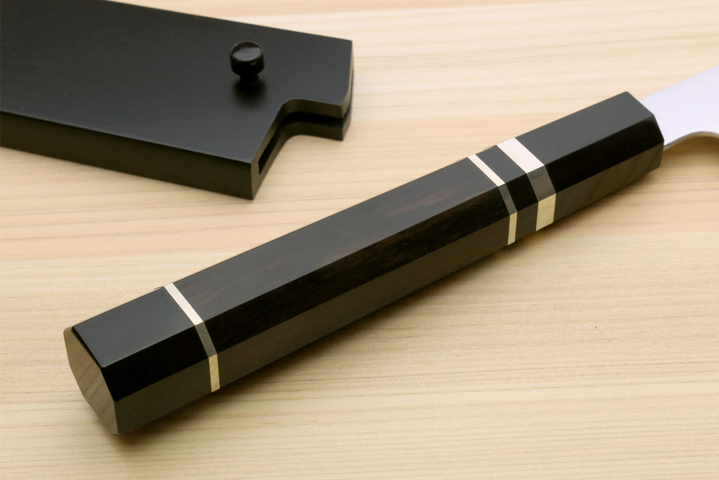 Sujihiki slicer knife handle end with triple nickel ring and black grip