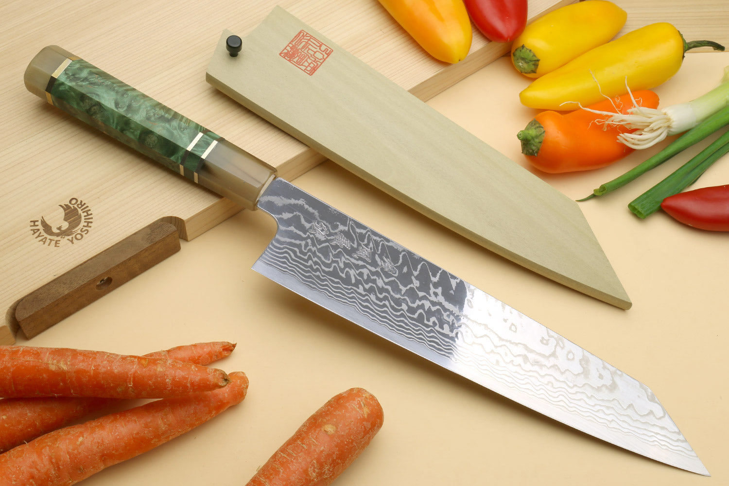 Yoshihiro HAP40 damascus kiritsuke chef knife with green burl handle