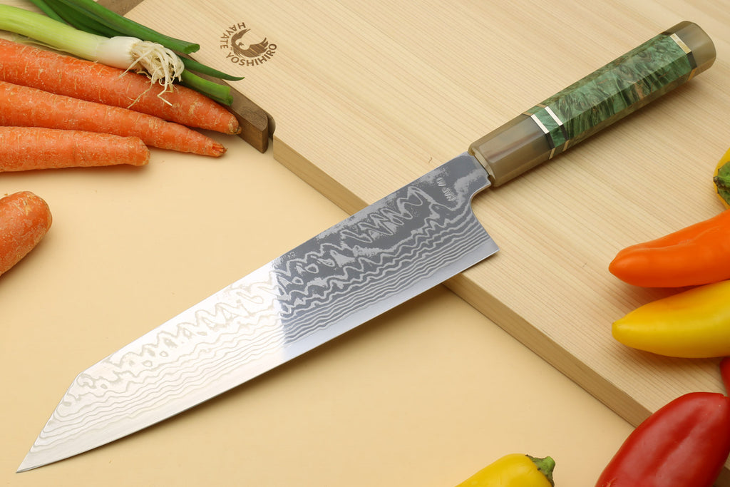 Yoshihiro HAP40 damascus kiritsuke chef knife, angled view, green burl handle