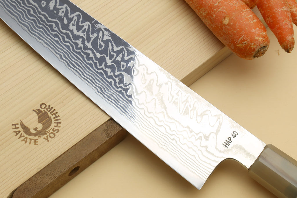 Yoshihiro HAP40 damascus kiritsuke knife blade with etched maker marks