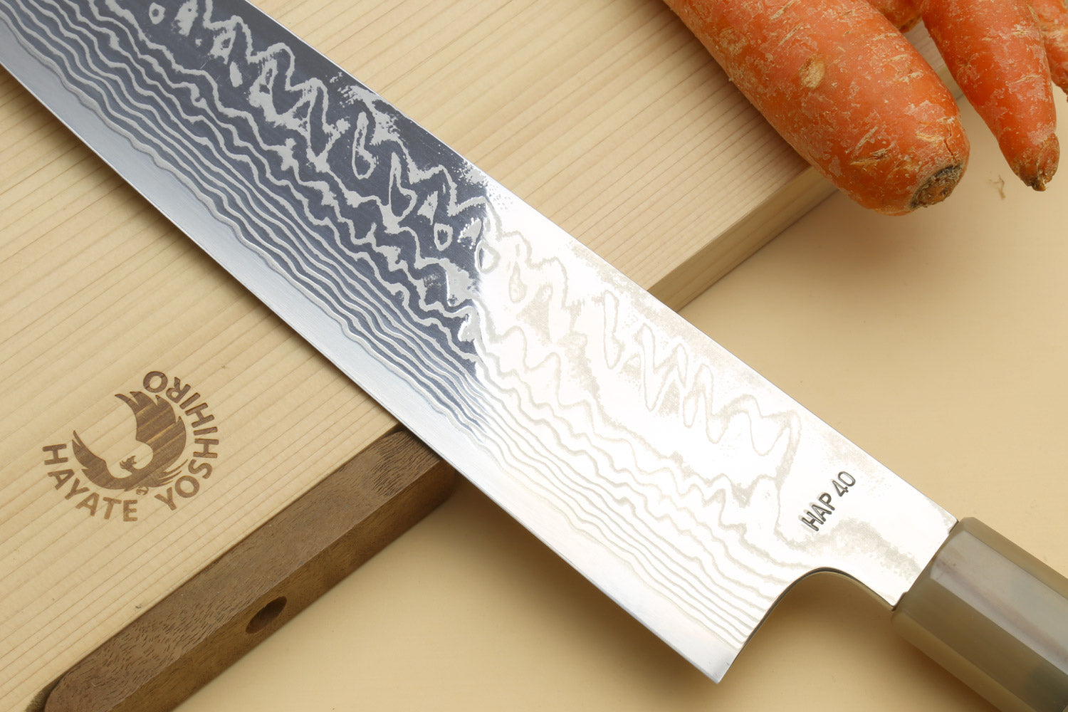 Yoshihiro HAP40 damascus kiritsuke knife blade with etched maker marks