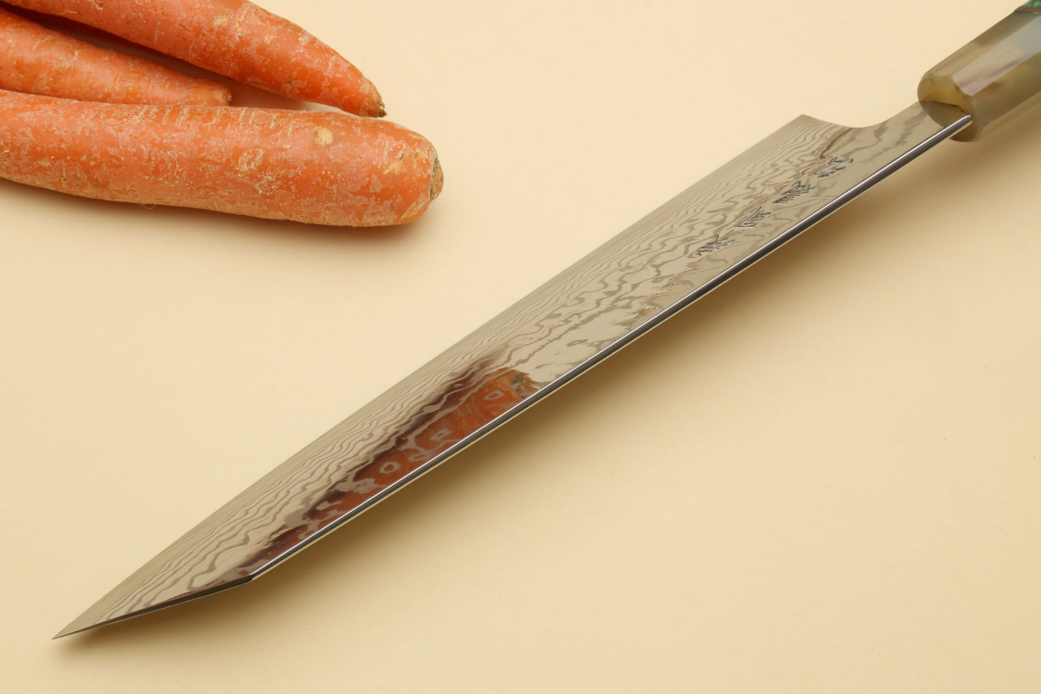 Yoshihiro damascus kiritsuke chef knife blade with green burl handle end