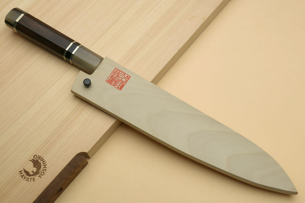 Damascus gyuto chef knife with long blade and dark octagonal handle