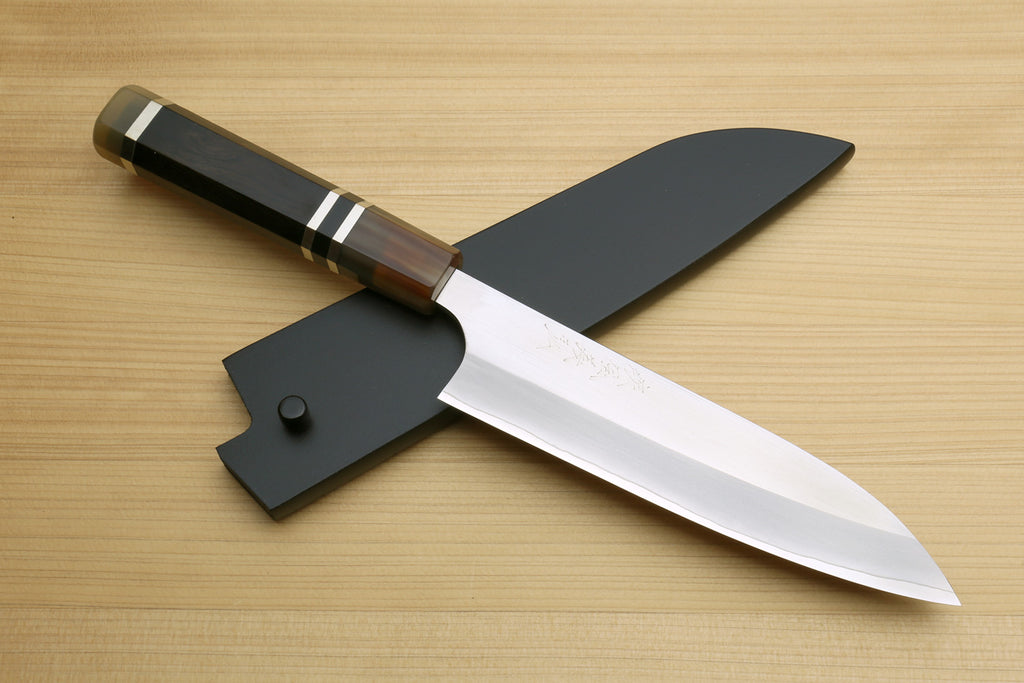 Petty utility chef knife with stainless steel blade and dark ebony handle, triple ring accents