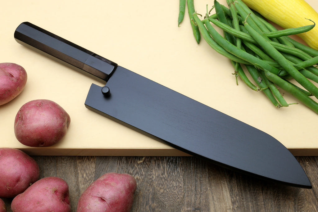 Japanese gyuto knife with kurouchi dark blade and ebony wood handle