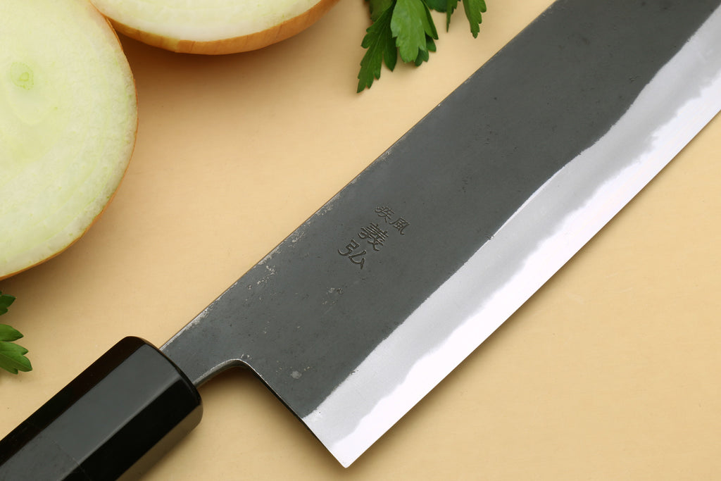 Japanese nakiri vegetable knife, dark steel blade with ebony handle
