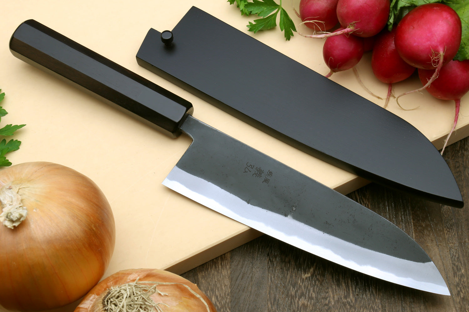 Santoku knife with dark blade and black handle cover, full length view