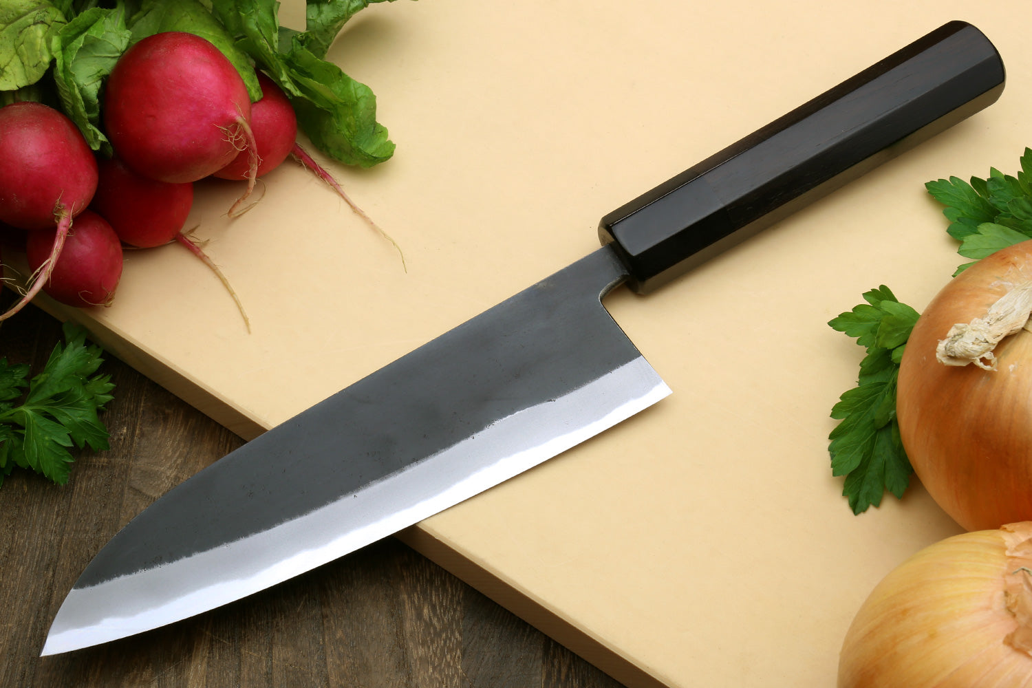 Santoku knife with dark kurouchi blade and black handle, multipurpose