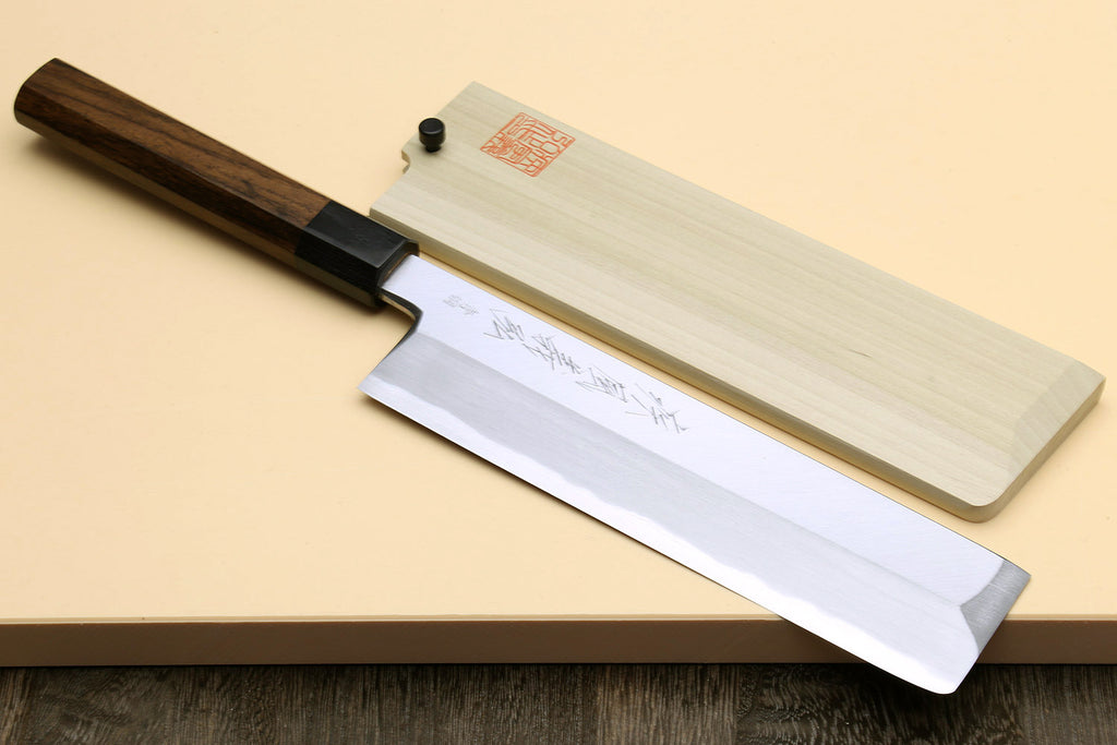Japanese vegetable cleaver knife with rosewood handle, blue steel blade and white sheath cover