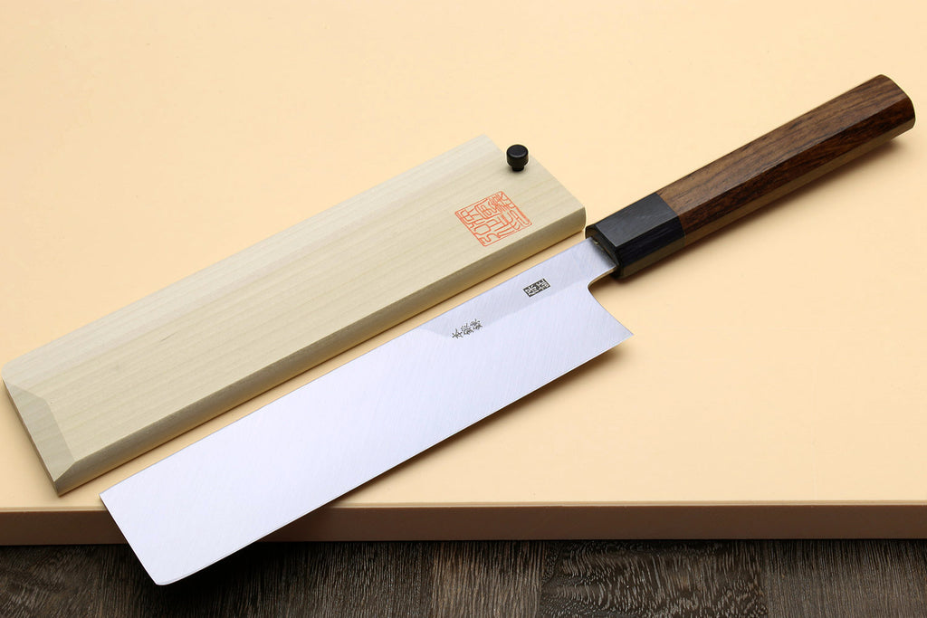 Japanese vegetable cleaver knife with dark rosewood handle, blue steel blade, white wrapper