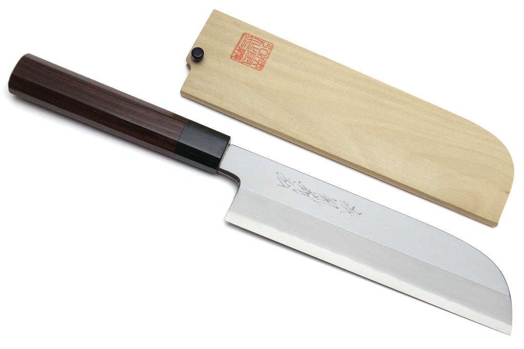 Japanese kama usuba knife set with dark shitan handle, light blade, and pale saya.