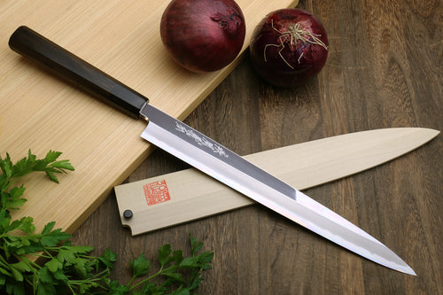 Yanagi sashimi knife with mirror-polished blade and ebony handle