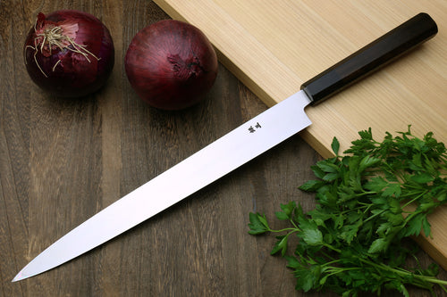 Yanagi sashimi knife with long straight, mirror-polished blade and ebony handle