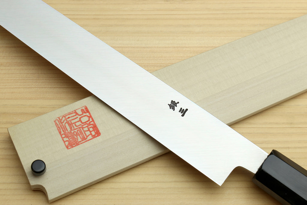 Yanagi sashimi knife with etched markings and ebony handle, straight blade
