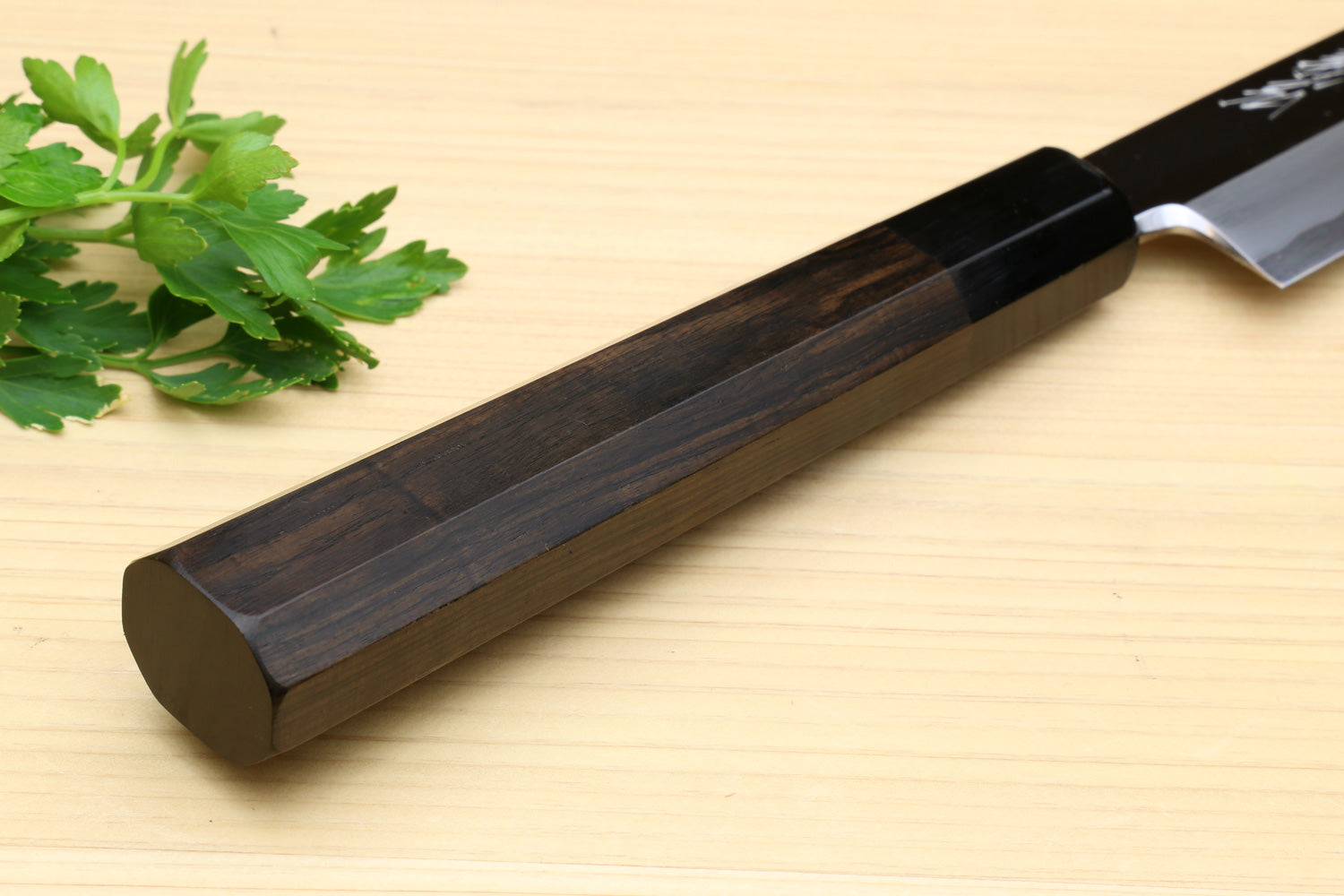 Yanagi sashimi knife with dark ebony handle and mirror-polished blade
